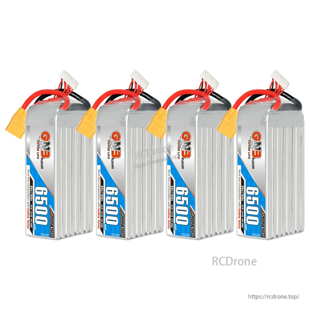 Four GAONENG GNB 6500 LiPo batteries shown upright in a row with XT90 plugs and balance leads