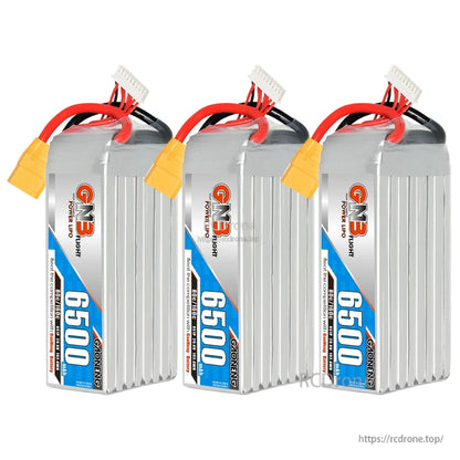 Three GAONENG GNB 6500 LiPo batteries displayed as a set, upright with XT90 connectors
