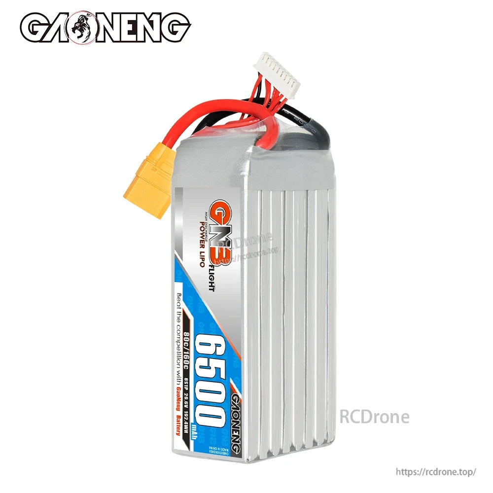 Upright front view of GNB Power LiPo 6500 battery label with XT90 plug and balance connector