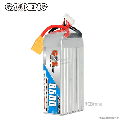 Upright front view of GNB Power LiPo 6500 battery label with XT90 plug and balance connector