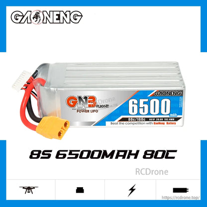 GAONENG GNB65008S80A 8S 6500mAh 80C LiPo battery graphic with capacity and C-rate text