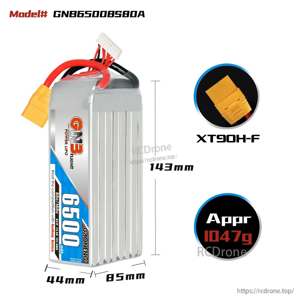 GNB65008S80A battery dimensions diagram: 143mm length, 44mm x 85mm, XT90H-F, approx 1047g