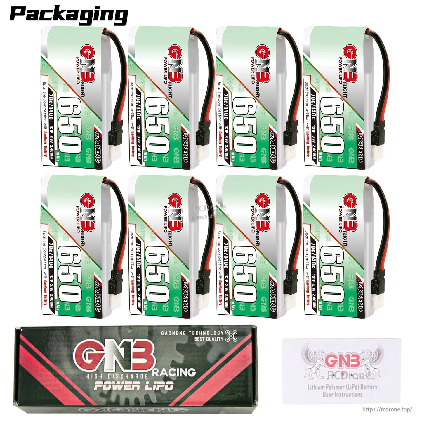 Packaging contents: 8x GNB 650 batteries shown with GN3 Racing Power LiPo box and manual card