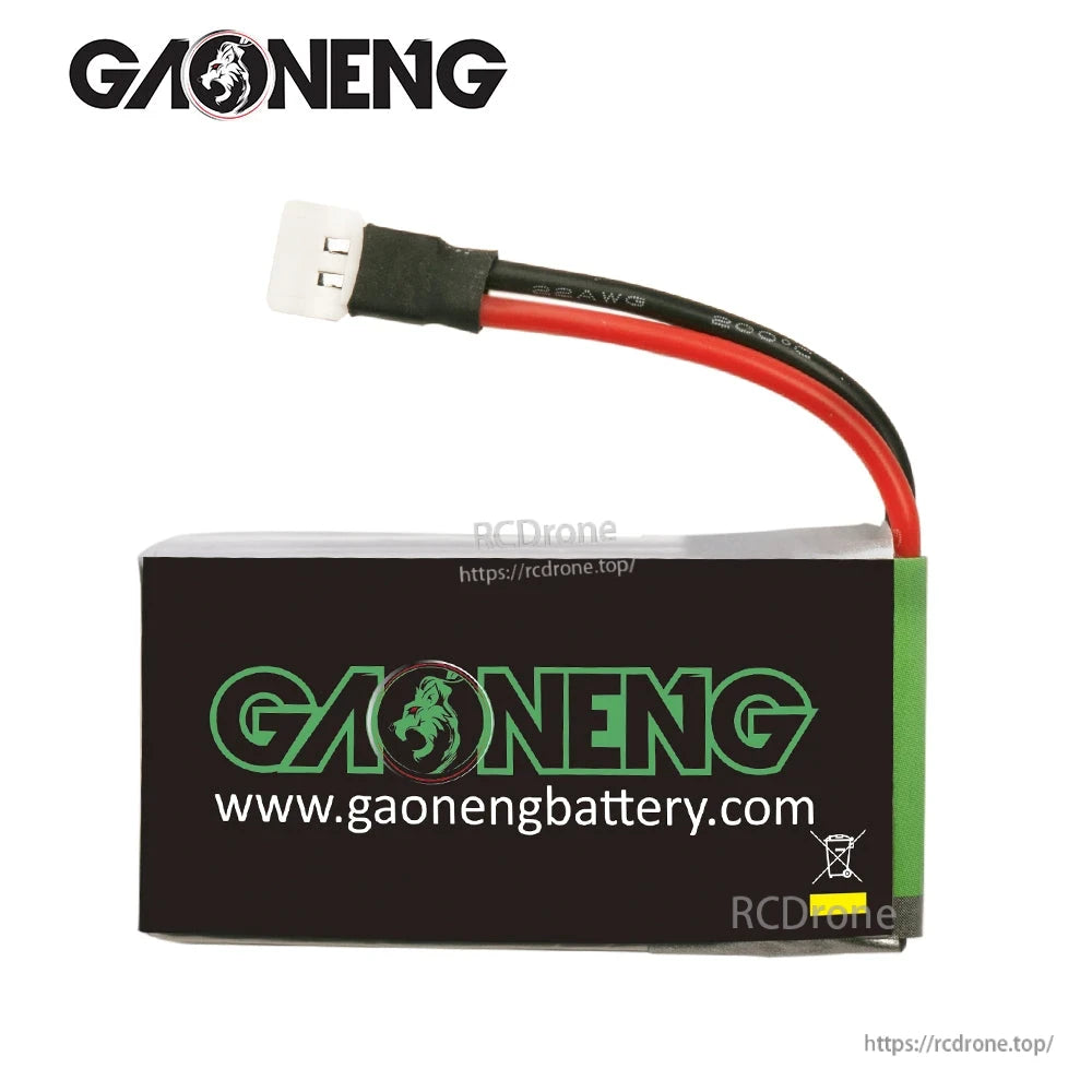 Rear view of GAONENG GNB LiPo battery showing black wrap, logo, and red/black leads