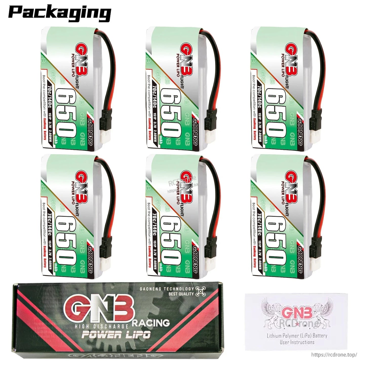 Packaging contents: 6x GNB 650 batteries with GN3 Racing Power LiPo retail box and instructions