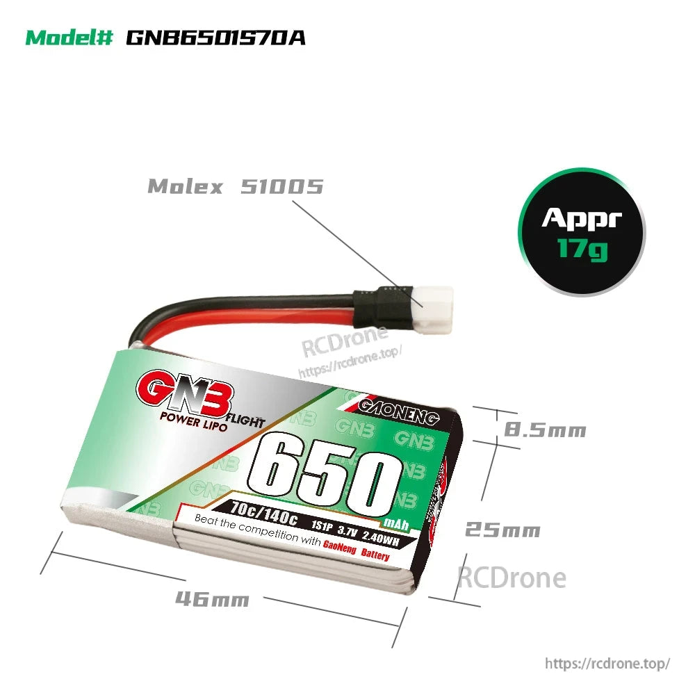 GNB6501S70A battery dimensions diagram with Molex 51005 connector and approx 17g weight callout