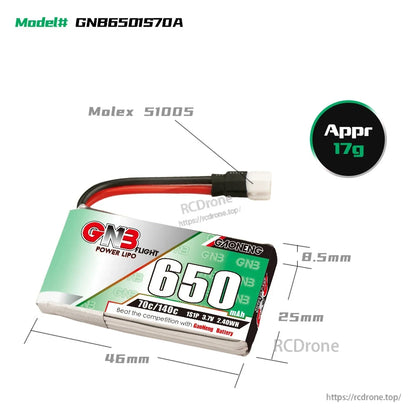GNB6501S70A battery dimensions diagram with Molex 51005 connector and approx 17g weight callout