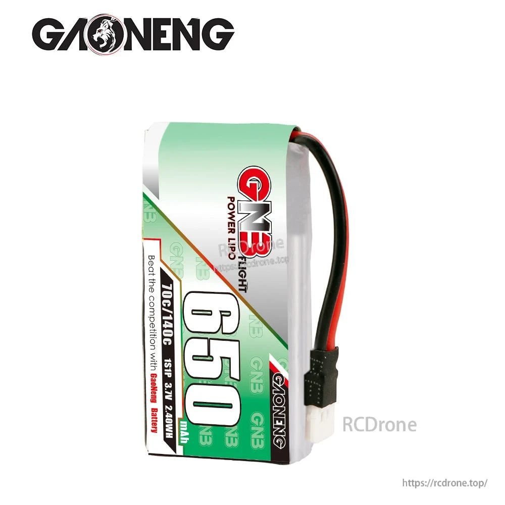 Side profile of GNB 650mAh LiPo battery showing thickness and lead exit with connector