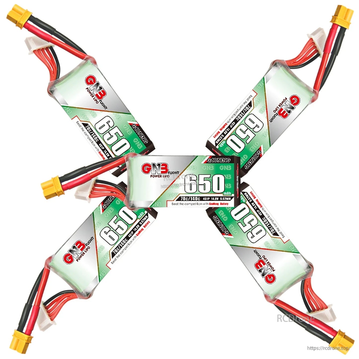Five GAONENG GNB 650mAh LiPo batteries arranged in cross layout, XT30 leads visible