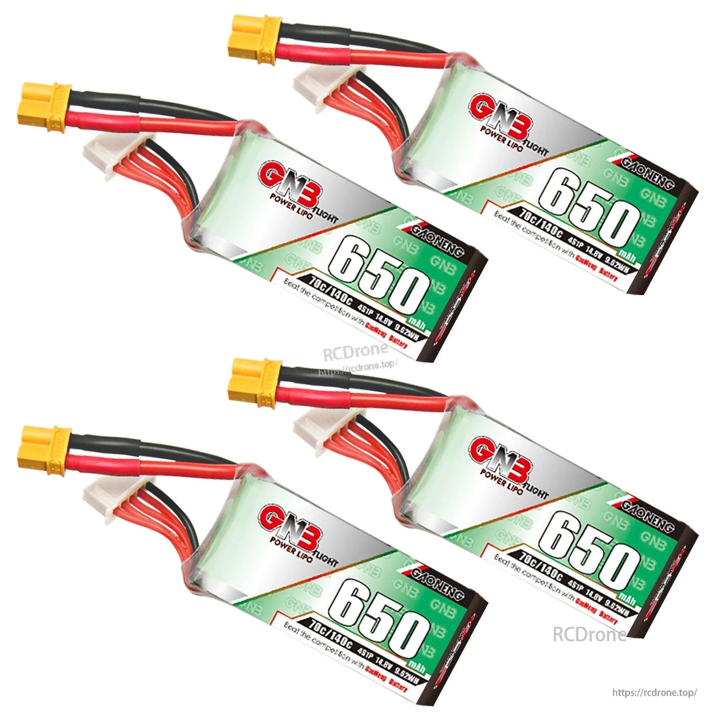 Four GAONENG GNB 650mAh LiPo batteries displayed as a set with XT30 plugs