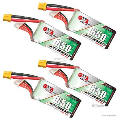Four GAONENG GNB 650mAh LiPo batteries displayed as a set with XT30 plugs