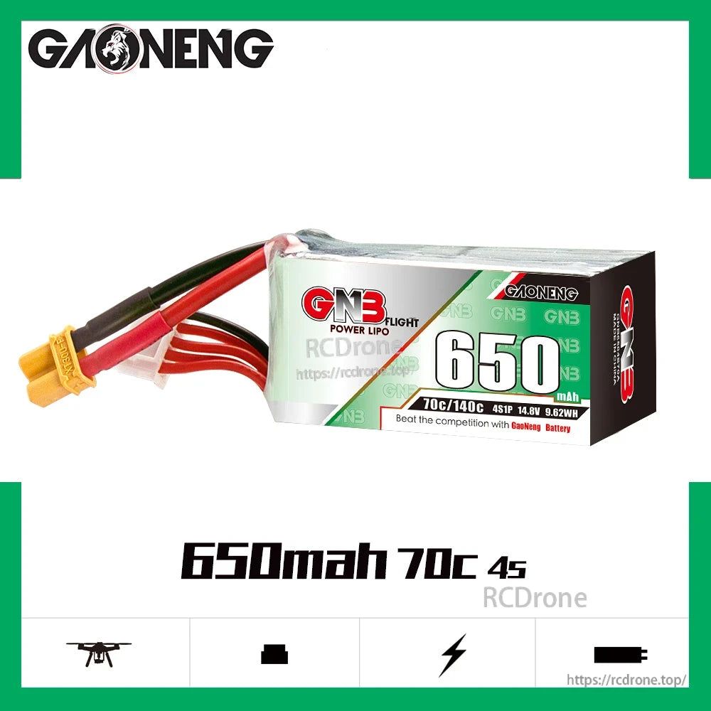 GAONENG GNB 650mAh 70C 4S LiPo battery promo graphic on white background