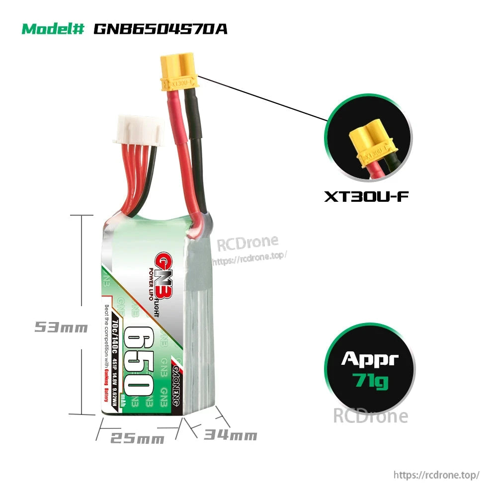 GNB6504S70A battery dimensions and XT30U-F connector callout, approx 71g weight graphic