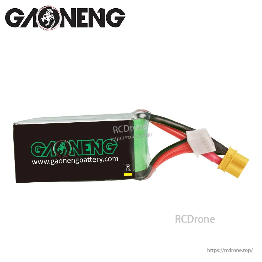 Rear side of GAONENG LiPo battery showing black wrap and gaonengbattery.com print with leads