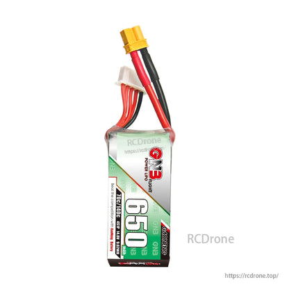 GAONENG GNB 650mAh LiPo battery standing upright, front label and leads visible