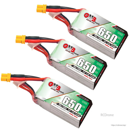 Three GAONENG GNB 650mAh LiPo batteries shown together with XT30 connectors
