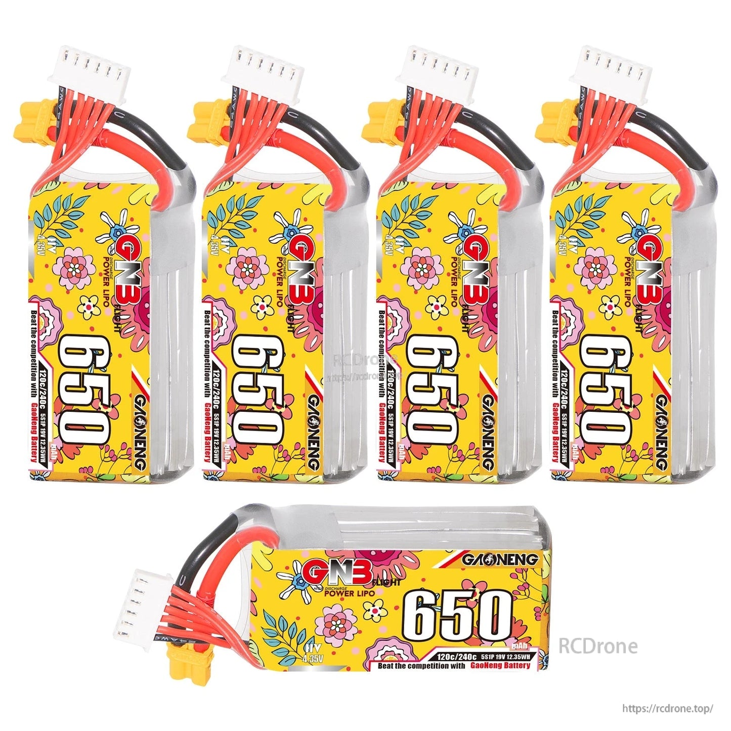 Six GNB 650mAh batteries display: five upright plus one horizontal side view for comparison