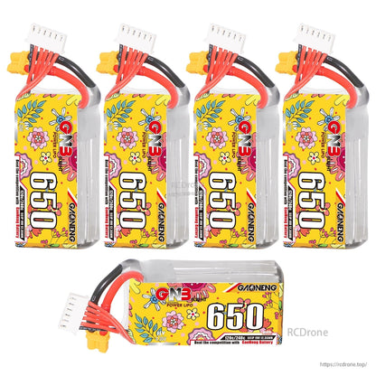 Six GNB 650mAh batteries display: five upright plus one horizontal side view for comparison