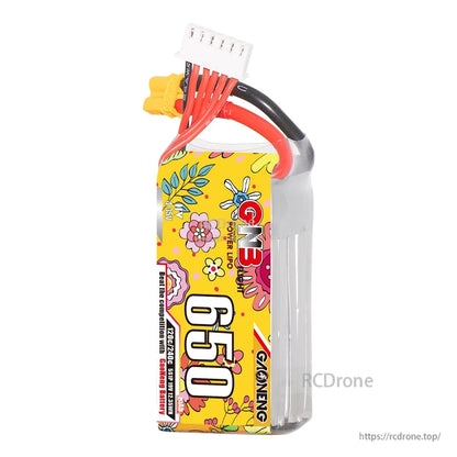Upright view of 650mAh GNB LiHV battery showing wiring harness, balance lead, and XT30 plug