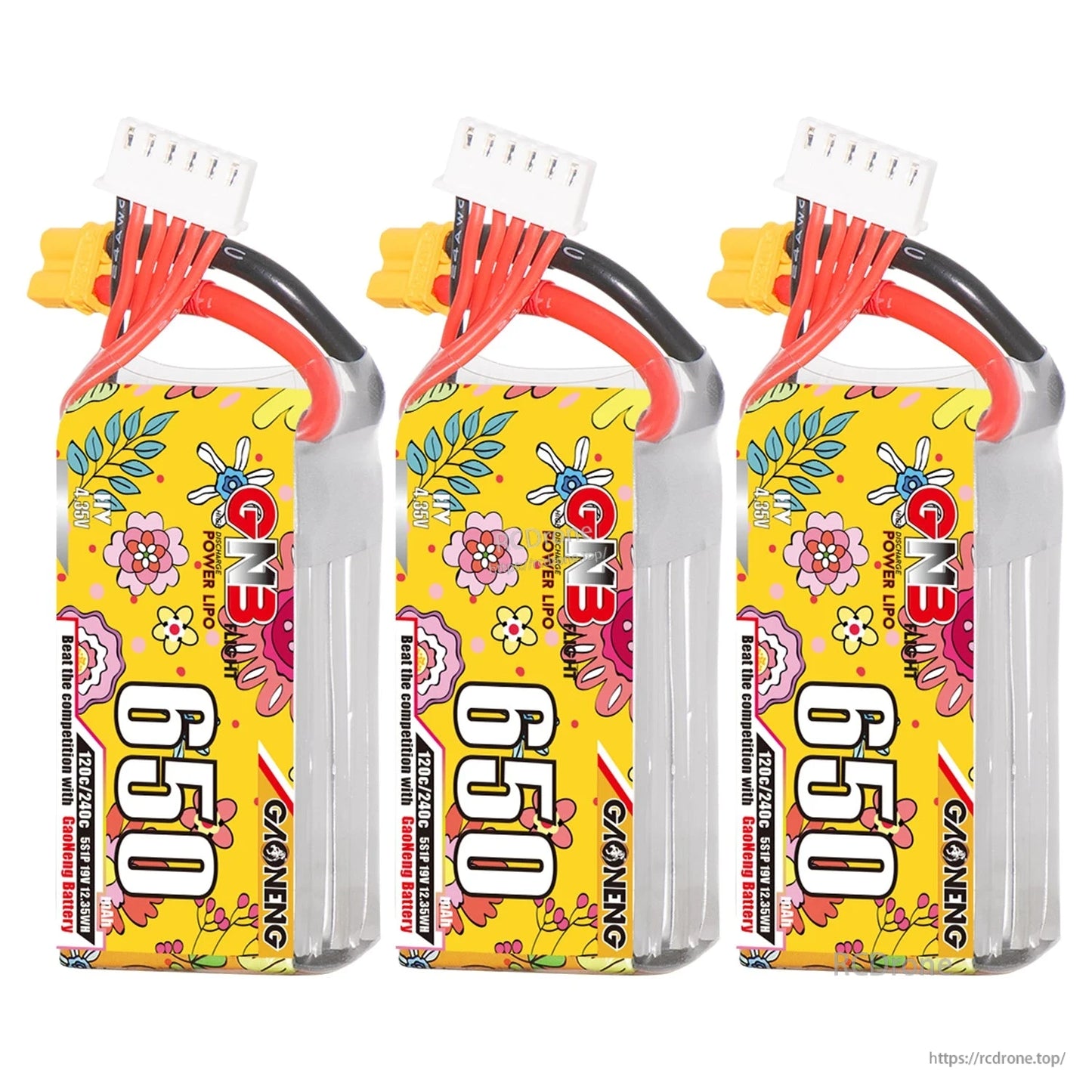 Three GNB 650mAh batteries shown together, upright display with XT30 leads and balance plugs