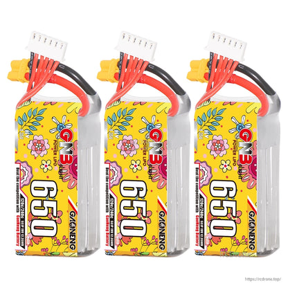 Three GNB 650mAh batteries shown together, upright display with XT30 leads and balance plugs