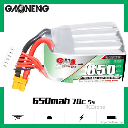 GAONENG GNB 650mAh 70C 5S (18.5V) LiPo battery label showing 5S1P and 2.03Wh rating