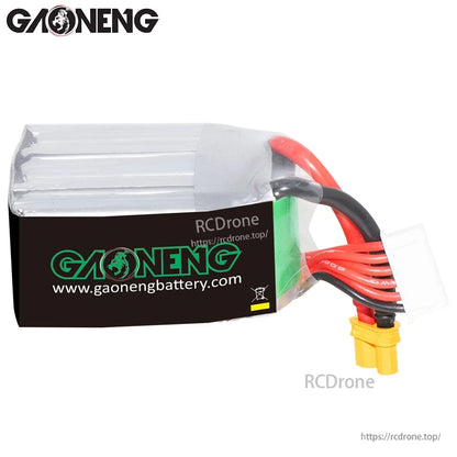 Rear view of GAONENG LiPo battery showing GAONENG logo label and website text, wires exiting end