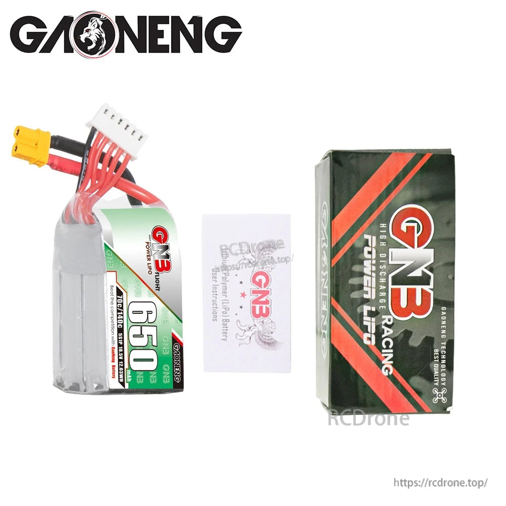 Package contents: GNB 650mAh 5S LiPo battery with printed box and instruction card