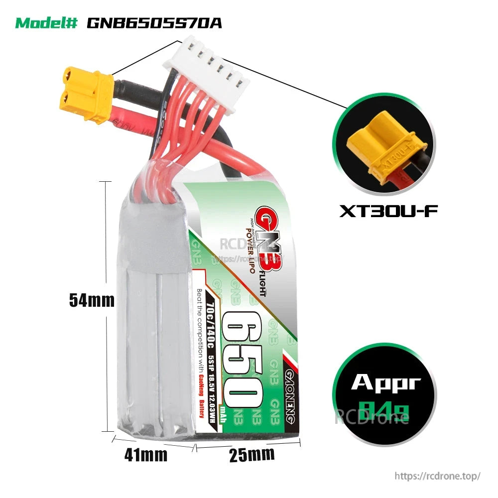 GNB6505S70A battery dimensions diagram (54×41×25mm) with XT30U-F connector close-up and ~14g note