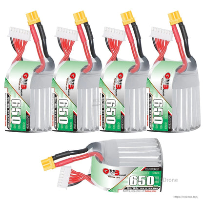 Multiple GNB 650mAh LiPo batteries group shot with one battery shown horizontally for label view