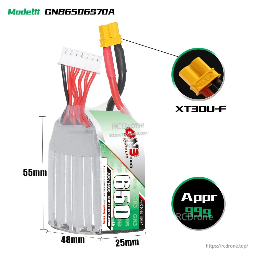 GNB6506S70A battery size diagram 55×48×25mm with XT30U-F connector close-up