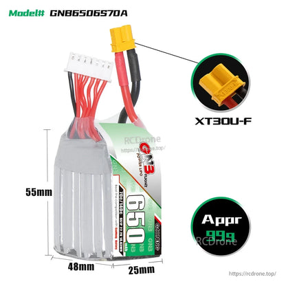 GNB6506S70A battery size diagram 55×48×25mm with XT30U-F connector close-up