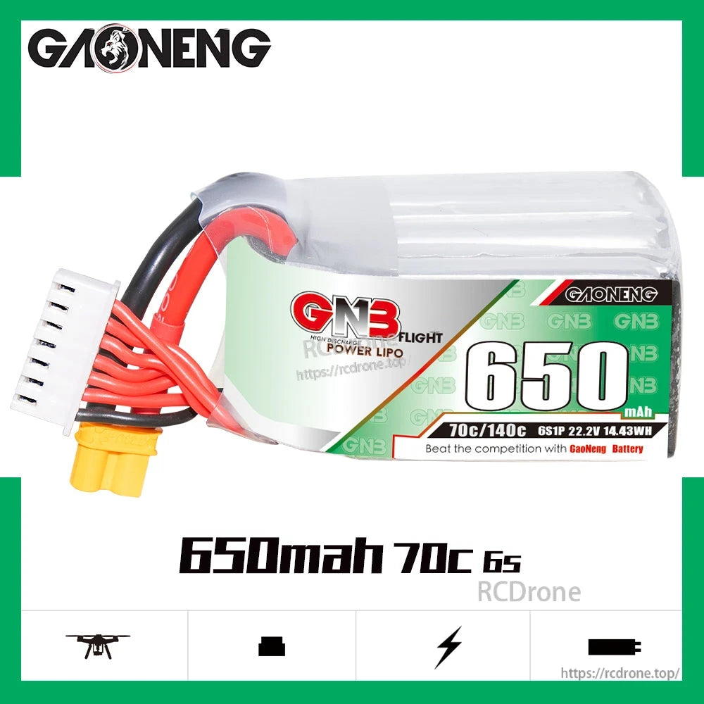 GAONENG GNB 650mAh 70C 6S LiPo battery label showing 22.2V rating and GN3 branding
