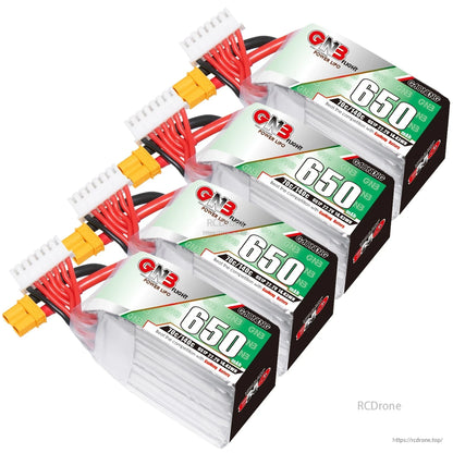 Four-pack bundle view of GNB 650mAh LiPo batteries with XT30 connectors and balance plugs