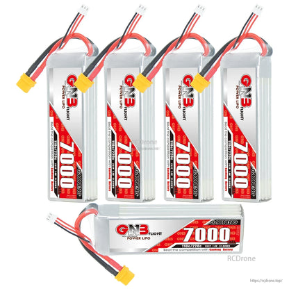 Five GNB 7000 LiPo battery packs displayed, including one horizontal pack with label visible