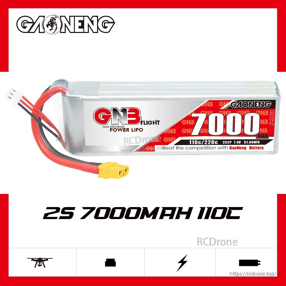 GAONENG GNB70002S110A 2S 7000mAh 110C LiPo battery graphic with model and rating text