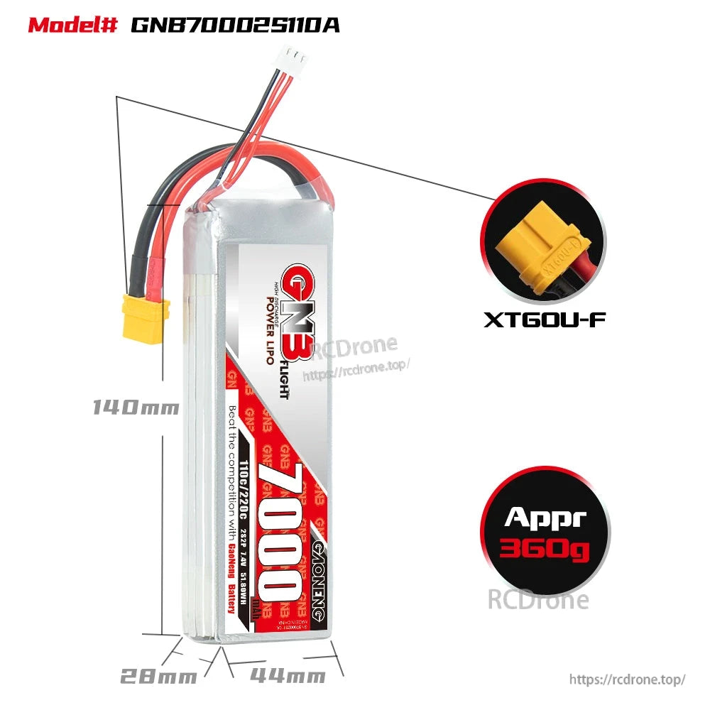 GNB70002S110A battery dimensions 140×44×28mm, XT60U-F connector shown, approx weight 360g