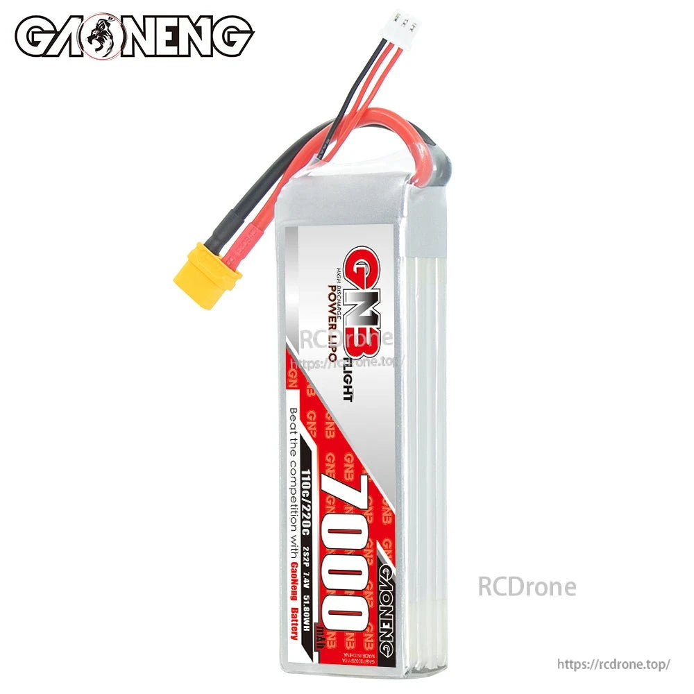 Vertical front view of GNB 7000 LiPo battery pack showing label and attached XT60 lead
