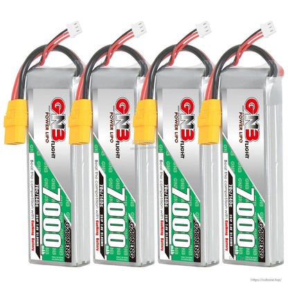 Four-pack set of GNB 7000 LiPo batteries lined up with XT90 connectors