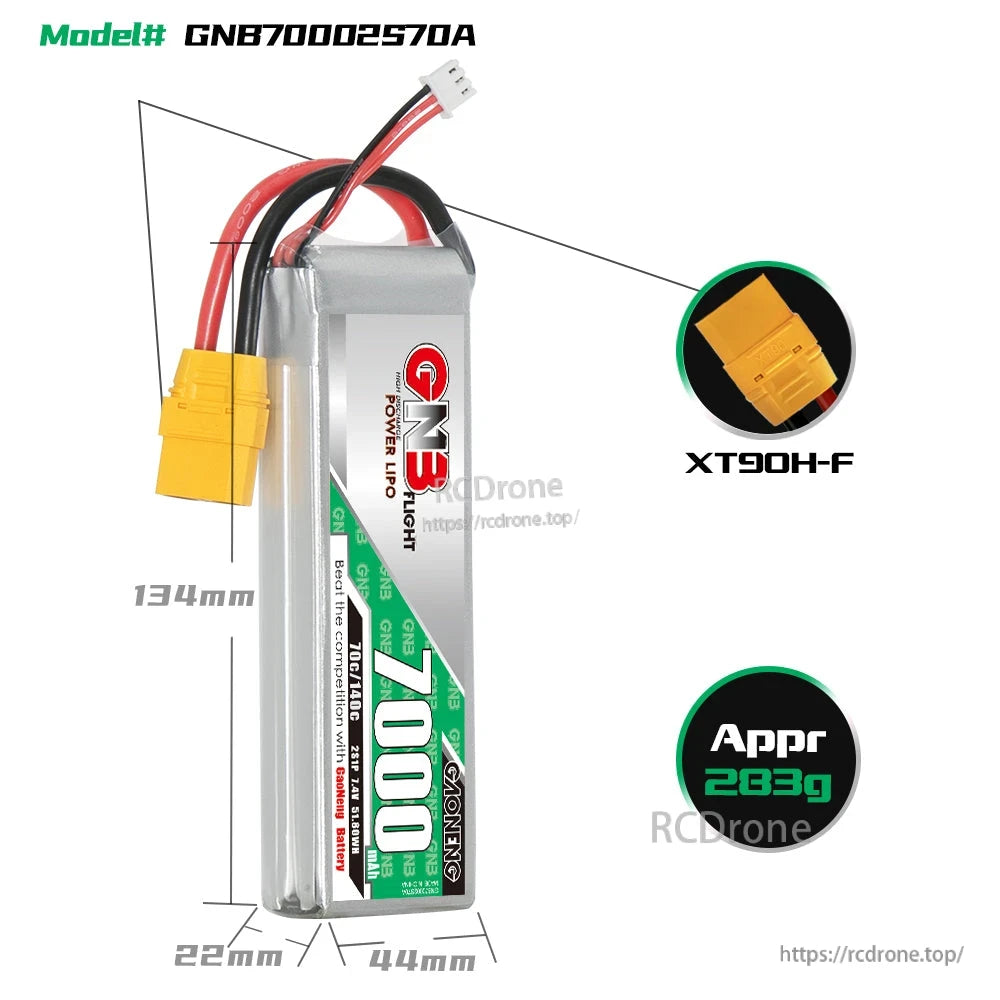 Battery dimensions 134×44×22mm with XT90H-F connector and approx. 283g weight callout