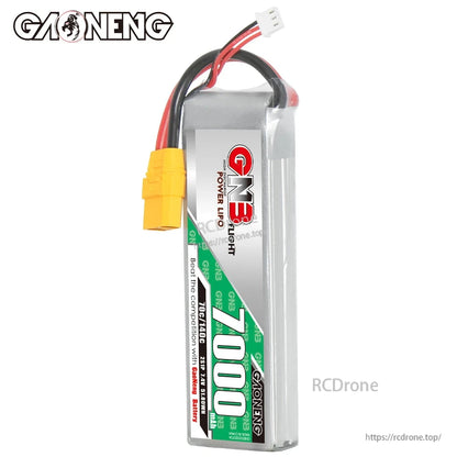 Front label view of GAONENG GNB 7000 battery pack with XT90 lead and balance connector