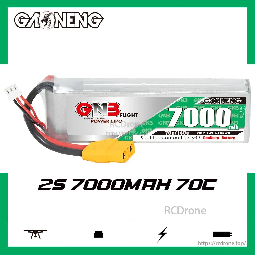 GAONENG GNB70002S70A 2S 7000mAh 70C LiPo battery graphic on white background