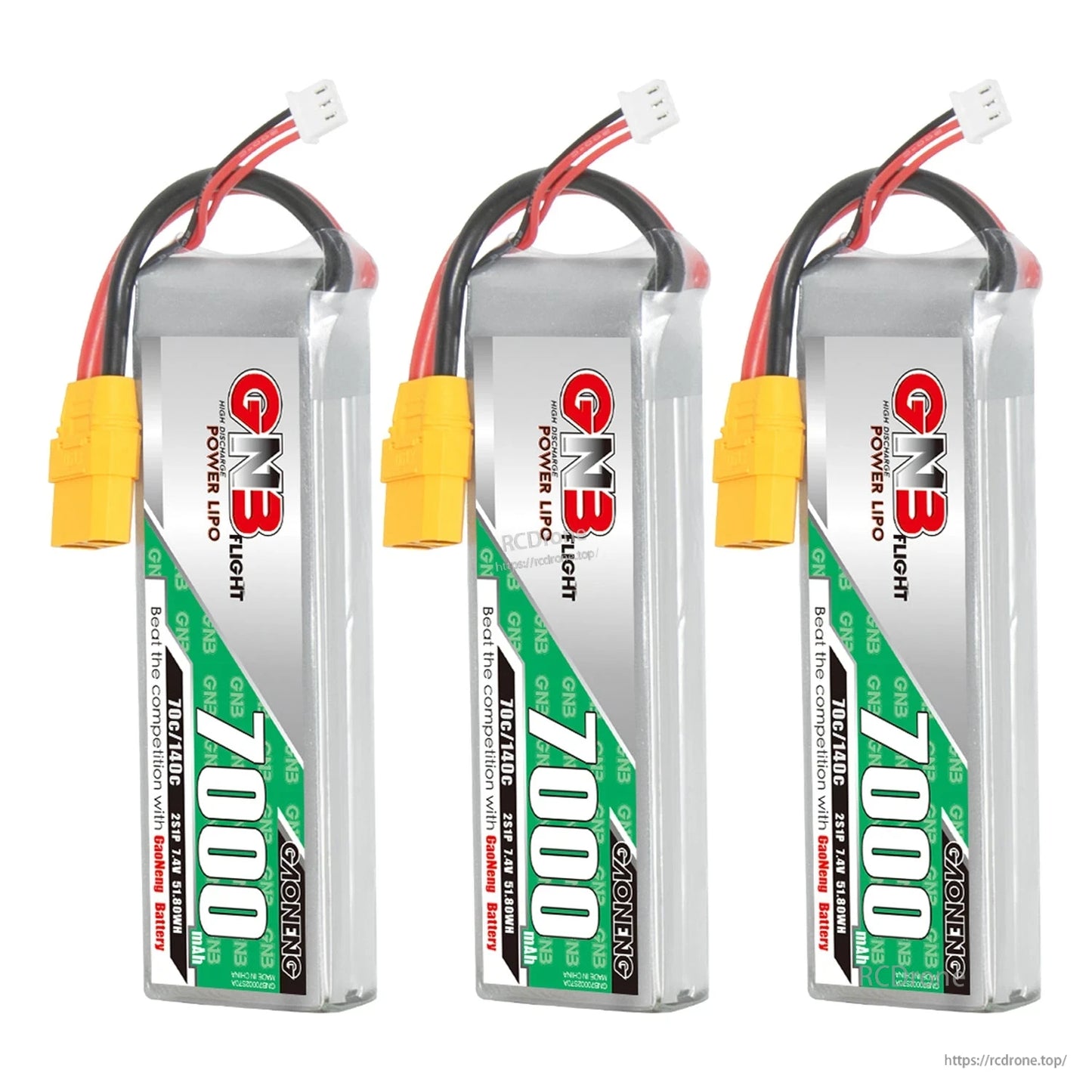 Three-pack set of GNB 7000 LiPo batteries with XT90 connectors, front label view