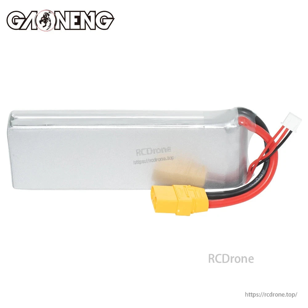 Rear plain side view of LiPo pack showing silver wrap, XT90 power lead and balance plug