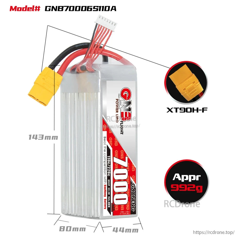 GNB70006S110A size and weight chart showing 143×80×44mm, XT90H-F plug, approx 992g