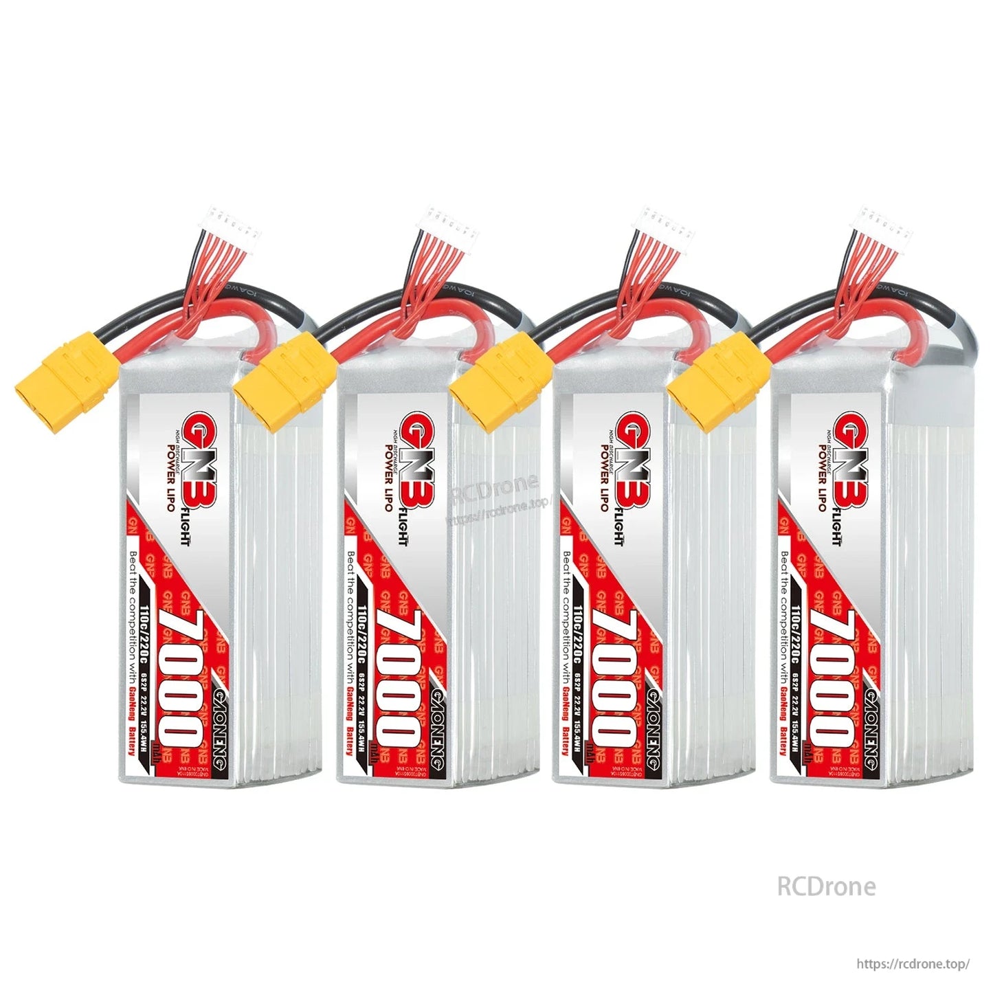 Four GN3 7000mAh LiPo batteries lineup, each with XT90 lead and balance connector
