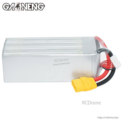 Back/blank side view of LiPo pack showing silver shrink wrap, XT90 power lead and balance plug