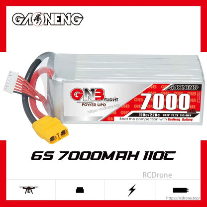 GAONENG GNB70006S110A 6S 7000mAh 110C LiPo battery product graphic with key specs text