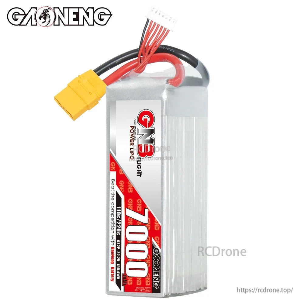 Upright side view of GN3 7000mAh battery showing label and top wires with XT90 plug