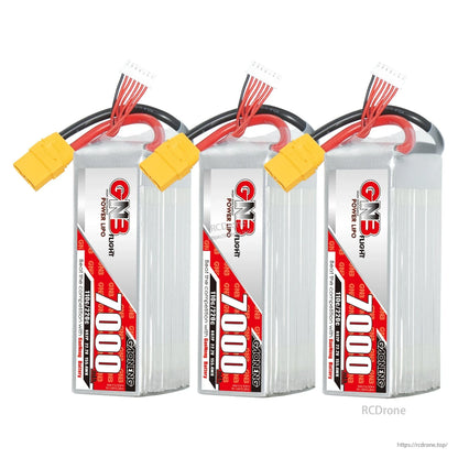 Three GN3 7000mAh LiPo batteries lineup with XT90 connectors shown on each pack